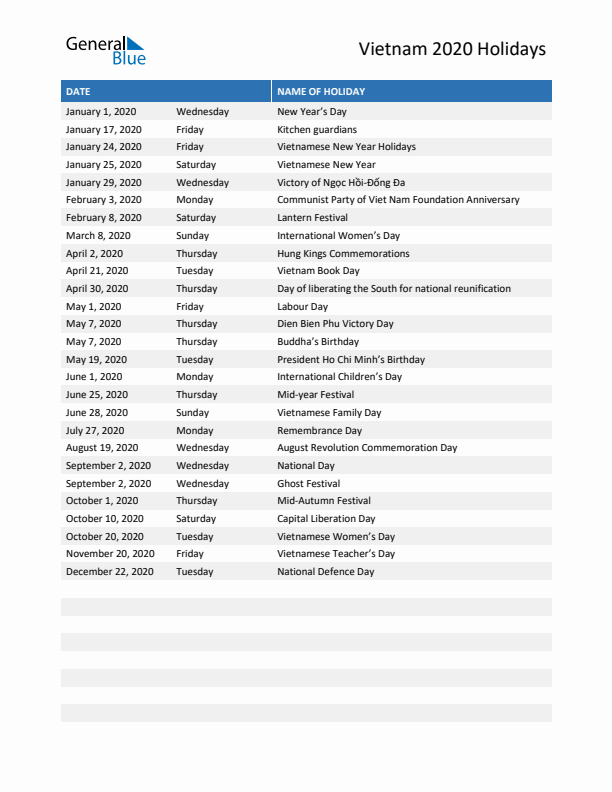 Free printable list of Vietnam holidays for year 2020