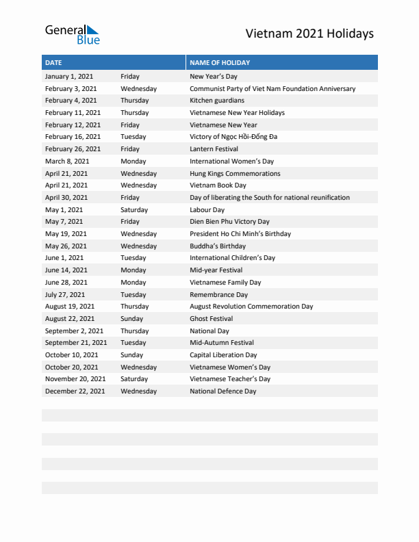 Free printable list of Vietnam holidays for year 2021