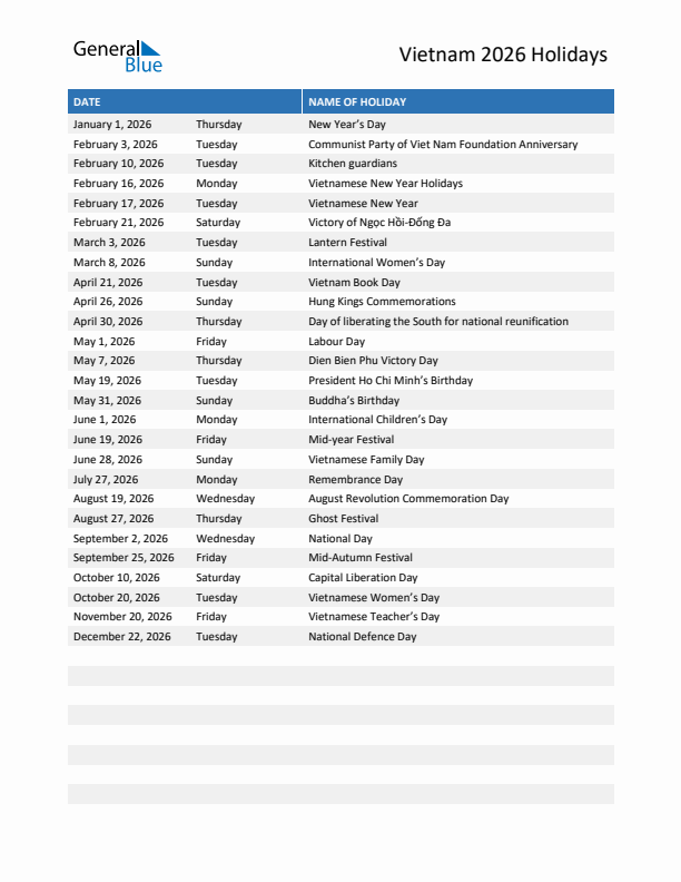 Free printable list of Vietnam holidays for year 2026