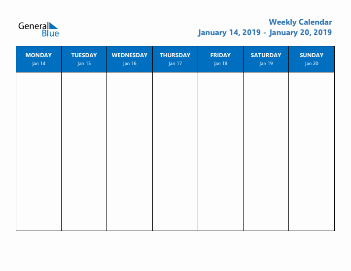 Free Editable Weekly Calendar with Monday Start - Week 3 of 2019