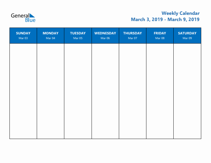 Free Editable Weekly Calendar with Sunday Start - Week 10 of 2019