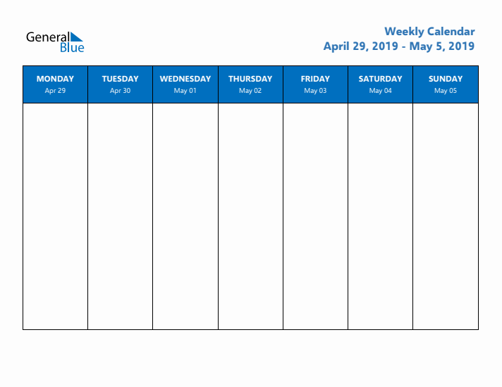 Free Editable Weekly Calendar with Monday Start - Week 18 of 2019