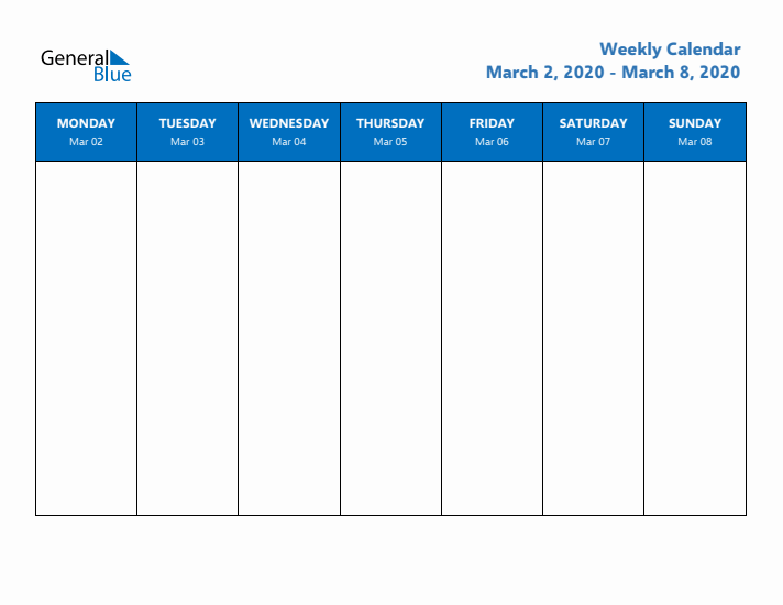 Free Editable Weekly Calendar with Monday Start - Week 10 of 2020