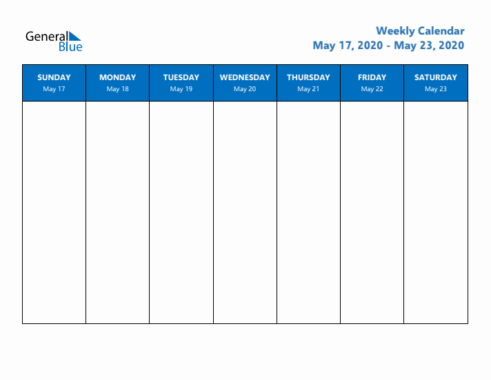 Free Editable Weekly Calendar with Sunday Start - Week 21 of 2020