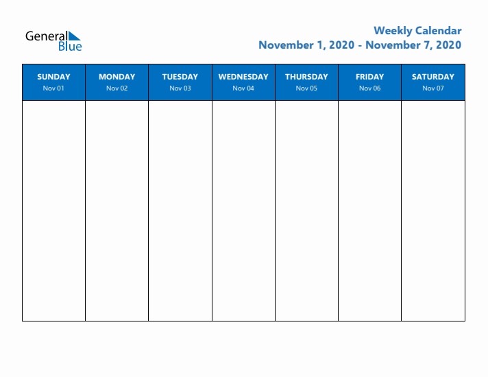 Free Editable Weekly Calendar with Sunday Start - Week 45 of 2020