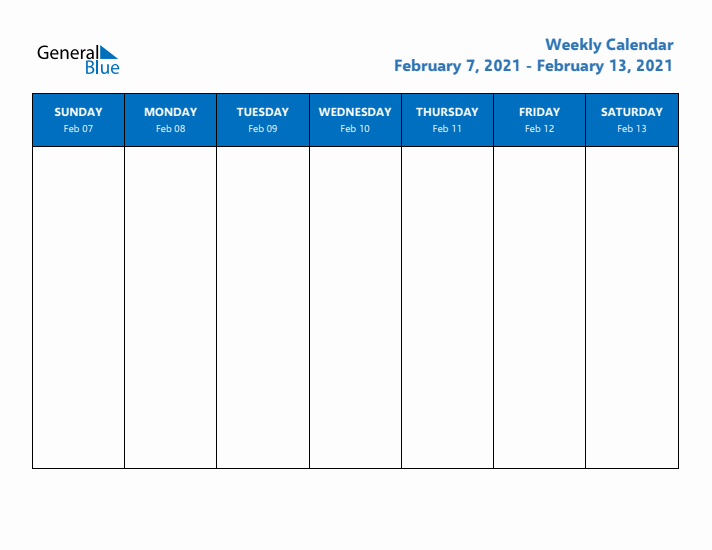 Free Editable Weekly Calendar with Sunday Start - Week 7 of 2021