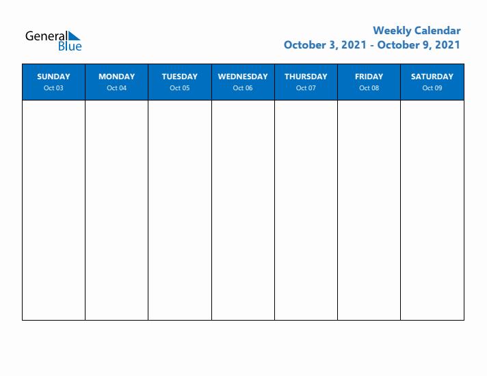 Free Editable Weekly Calendar with Sunday Start - Week 41 of 2021