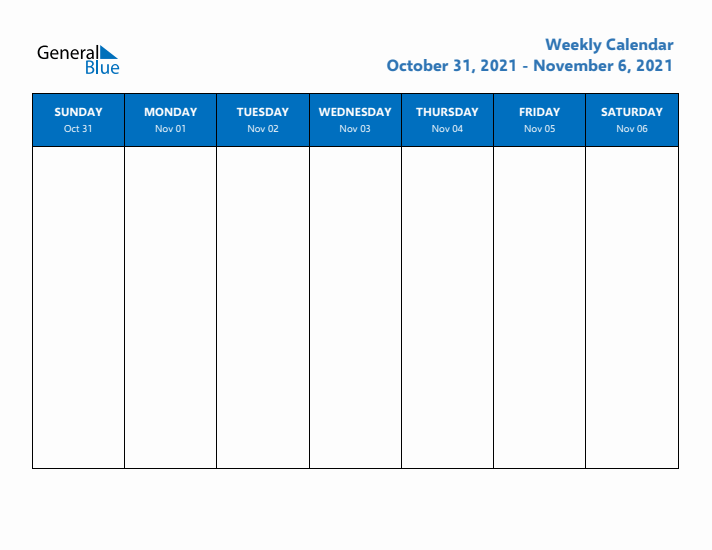 Free Editable Weekly Calendar with Sunday Start - Week 45 of 2021