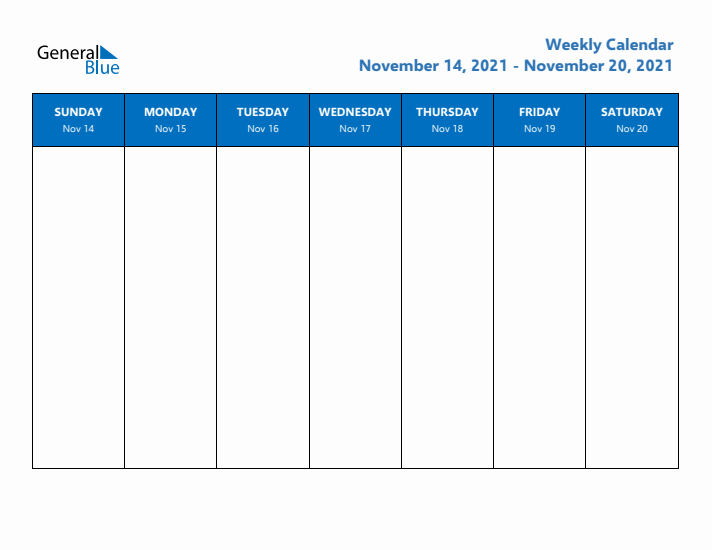 Free Editable Weekly Calendar with Sunday Start - Week 47 of 2021