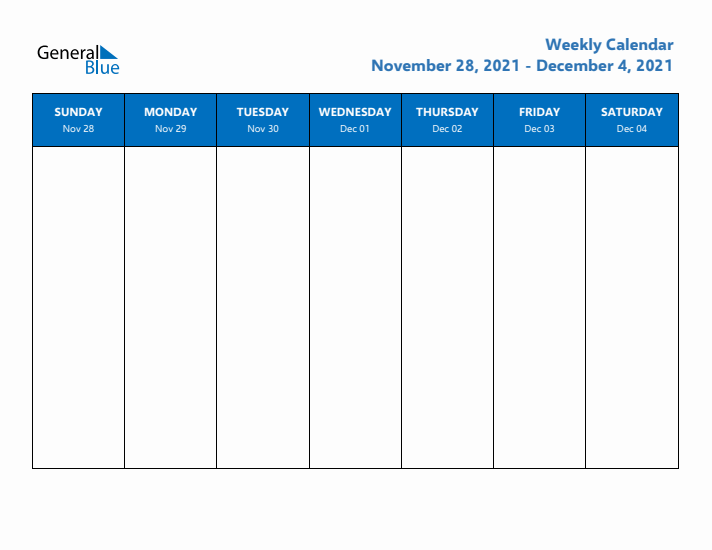 Free Editable Weekly Calendar with Sunday Start - Week 49 of 2021