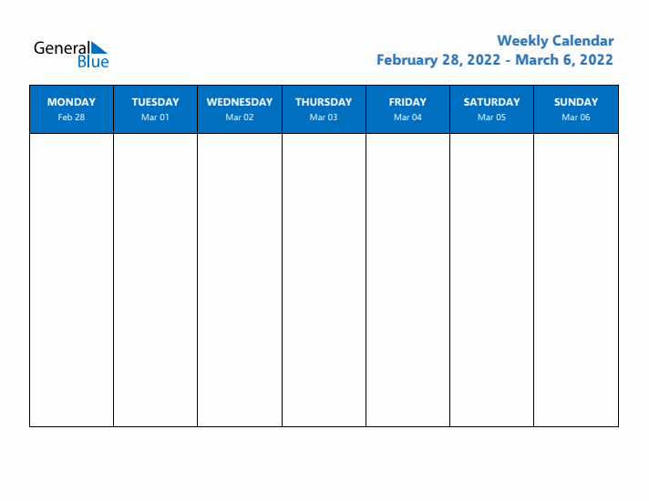 Free Editable Weekly Calendar with Monday Start - Week 9 of 2022