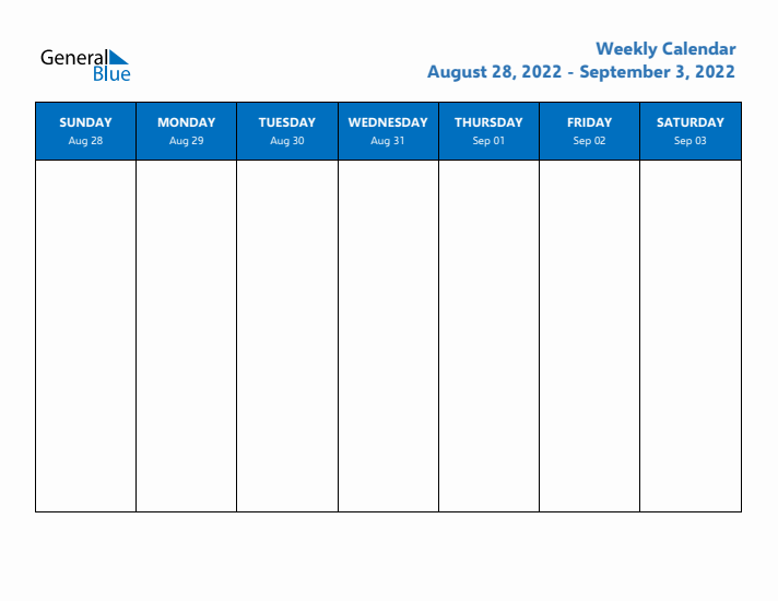 Free Editable Weekly Calendar with Sunday Start - Week 36 of 2022