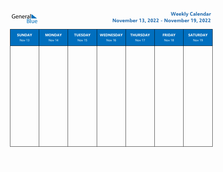 Free Editable Weekly Calendar with Sunday Start - Week 47 of 2022