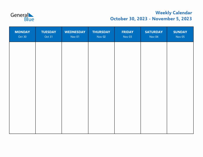 Free Editable Weekly Calendar with Monday Start - Week 44 of 2023