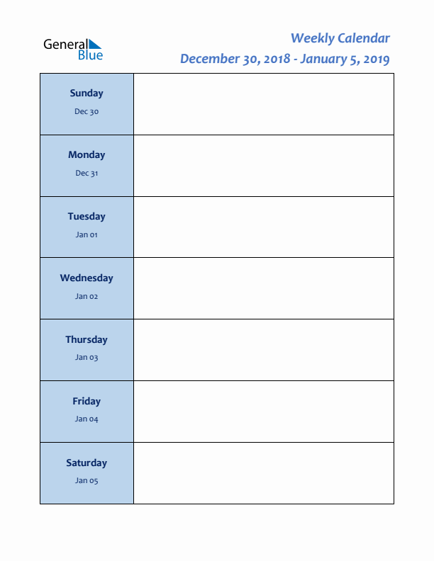 Weekly Planner for December 30 to January 5, 2019)