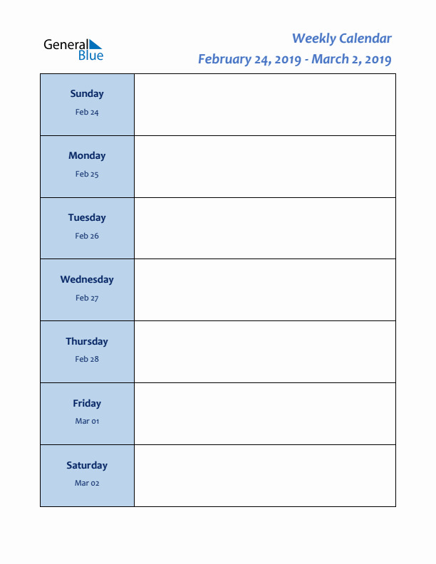 Weekly Planner for February 24 to March 2, 2019)