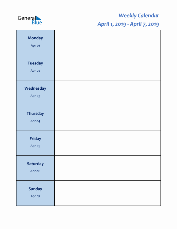 Weekly Planner for April 1 to April 7, 2019)