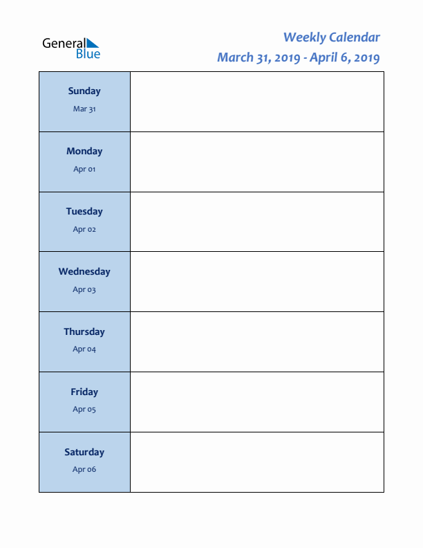 Weekly Planner for March 31 to April 6, 2019)