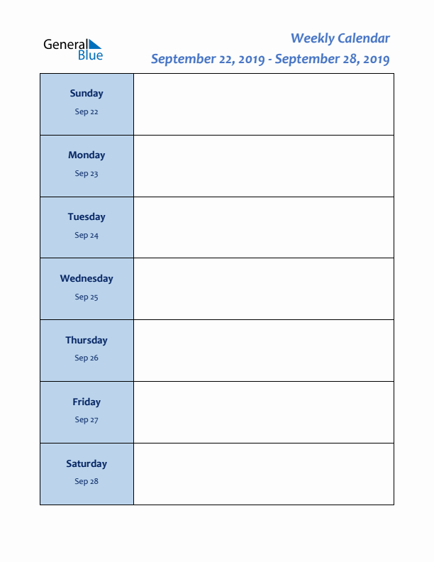 Weekly Planner for September 22 to September 28, 2019)