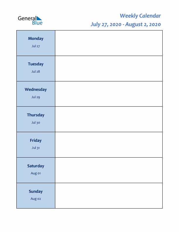 Weekly Planner for July 27 to August 2, 2020)