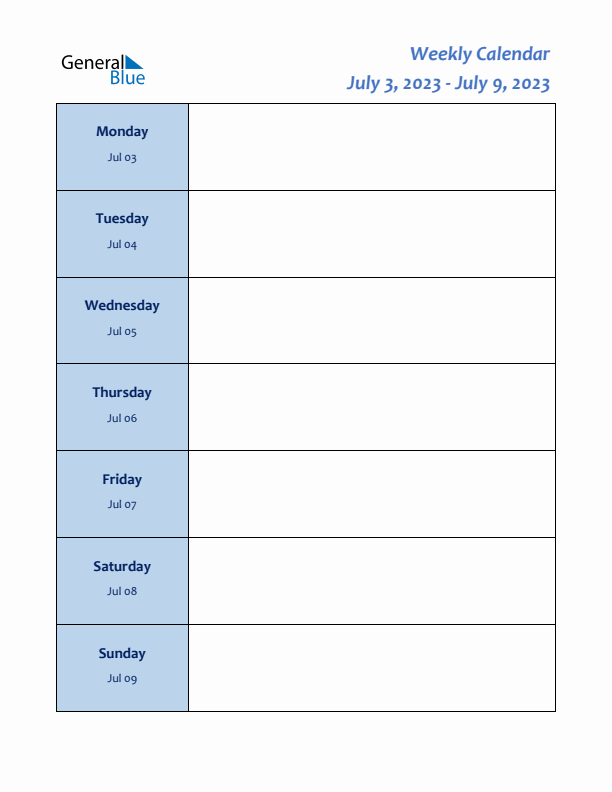 Weekly Planner for July 3 to July 9, 2023)