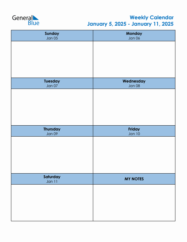 Weekly Calendar January 5, 2025 to January 11, 2025 (PDF, Word, Excel)