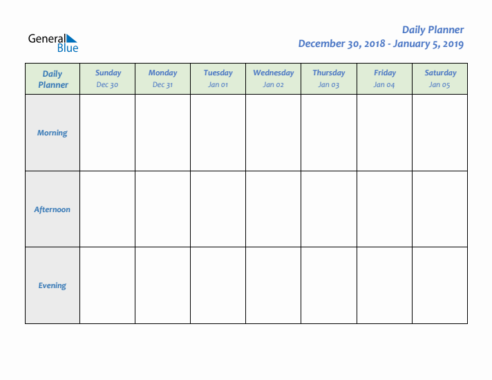 Daily Planner With Sunday Start for Week 1 of 2019