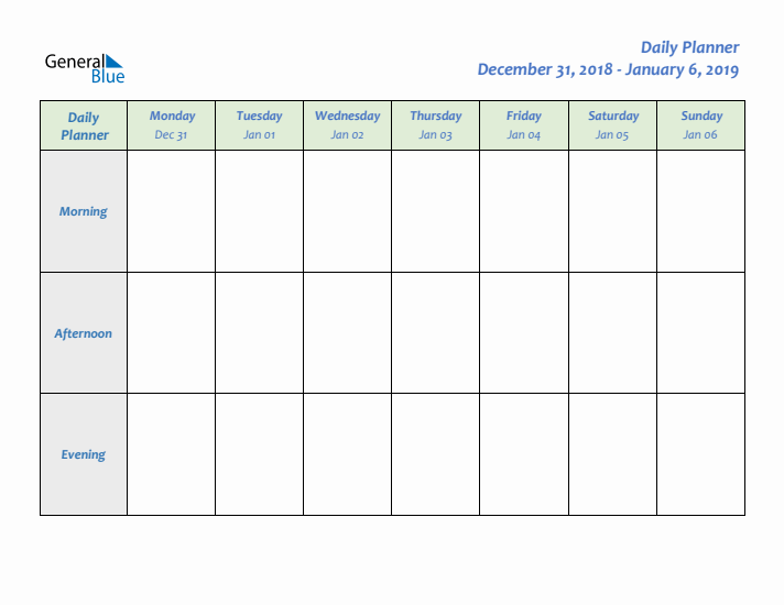 Daily Planner With Monday Start for Week 1 of 2019