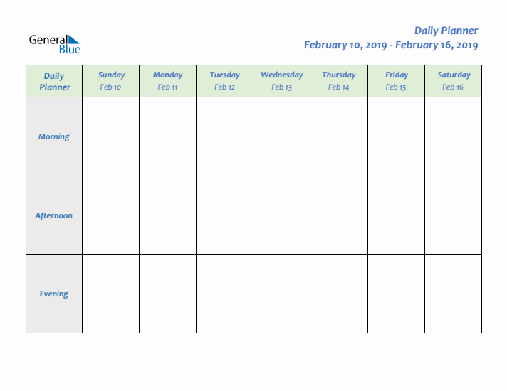 Daily Planner With Sunday Start for Week 7 of 2019