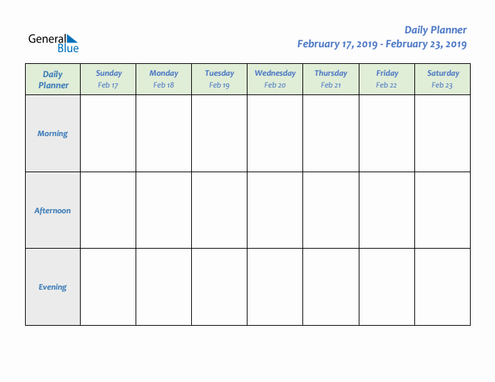 Daily Planner With Sunday Start for Week 8 of 2019