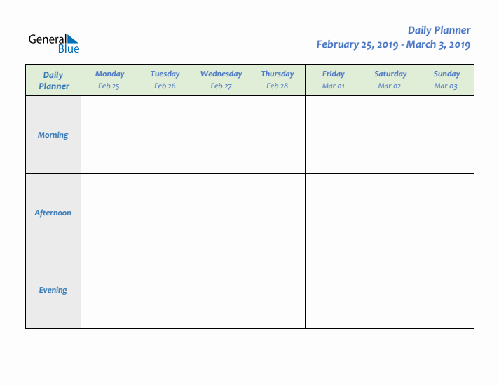 Daily Planner With Monday Start for Week 9 of 2019