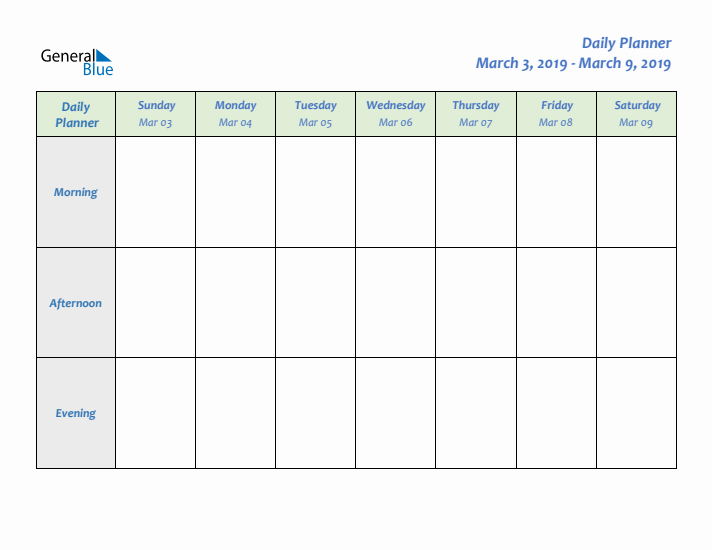 Daily Planner With Sunday Start for Week 10 of 2019