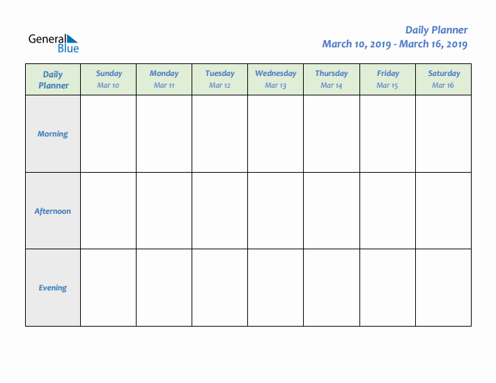 Daily Planner With Sunday Start for Week 11 of 2019