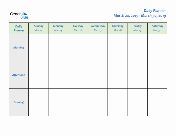 Daily Planner With Sunday Start for Week 13 of 2019