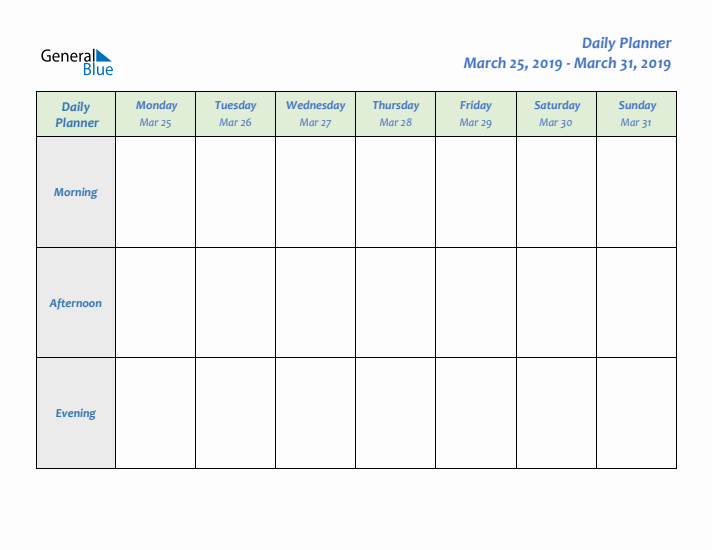 Daily Planner With Monday Start for Week 13 of 2019