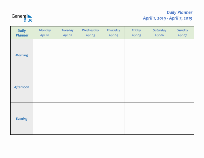 Daily Planner With Monday Start for Week 14 of 2019