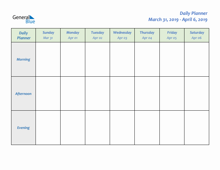 Daily Planner With Sunday Start for Week 14 of 2019