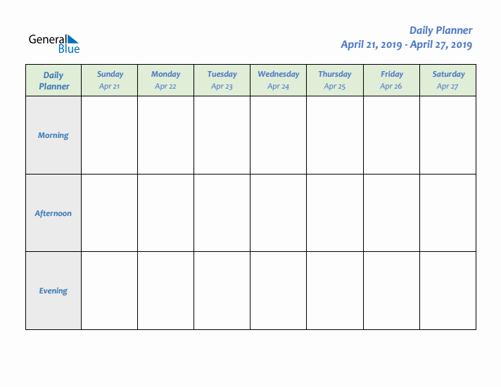 Daily Planner With Sunday Start for Week 17 of 2019