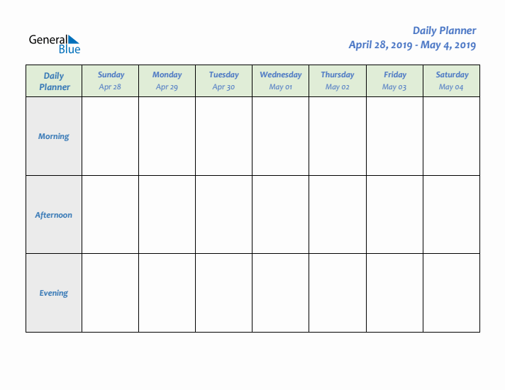 Daily Planner With Sunday Start for Week 18 of 2019