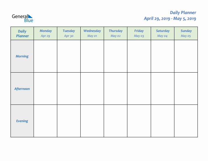 Daily Planner With Monday Start for Week 18 of 2019