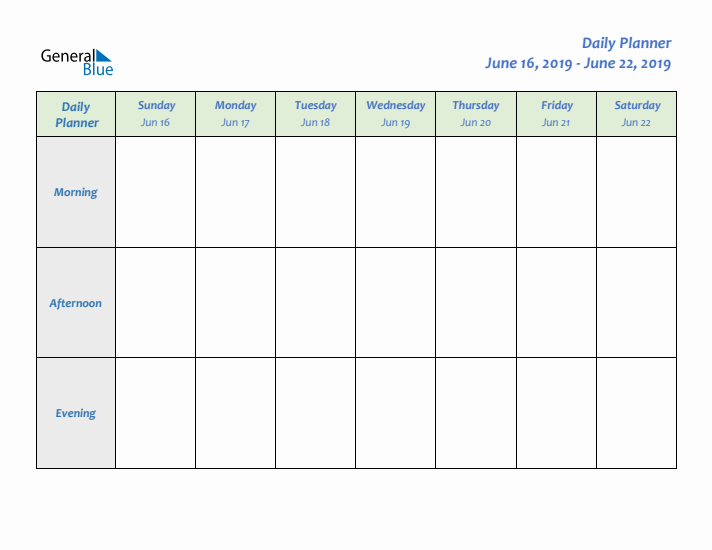 Daily Planner With Sunday Start for Week 25 of 2019