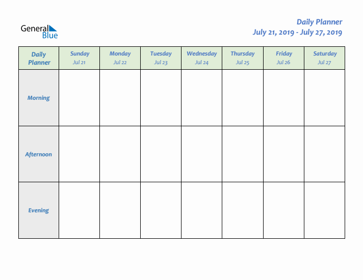 Daily Planner With Sunday Start for Week 30 of 2019