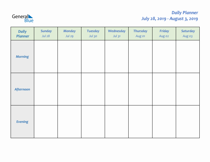 Daily Planner With Sunday Start for Week 31 of 2019