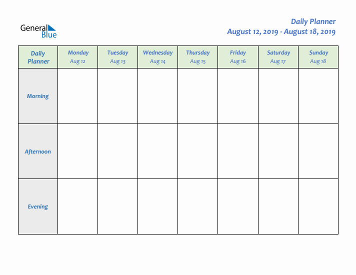 Daily Planner With Monday Start for Week 33 of 2019