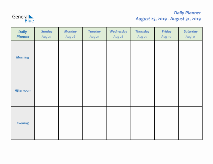 Daily Planner With Sunday Start for Week 35 of 2019