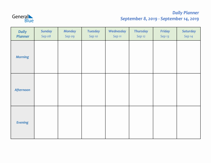 Daily Planner With Sunday Start for Week 37 of 2019