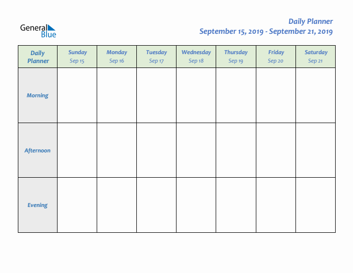 Daily Planner With Sunday Start for Week 38 of 2019