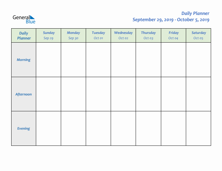 Daily Planner With Sunday Start for Week 40 of 2019