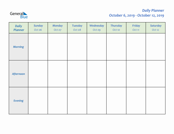 Daily Planner With Sunday Start for Week 41 of 2019