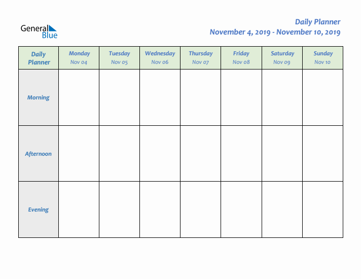 Daily Planner With Monday Start for Week 45 of 2019